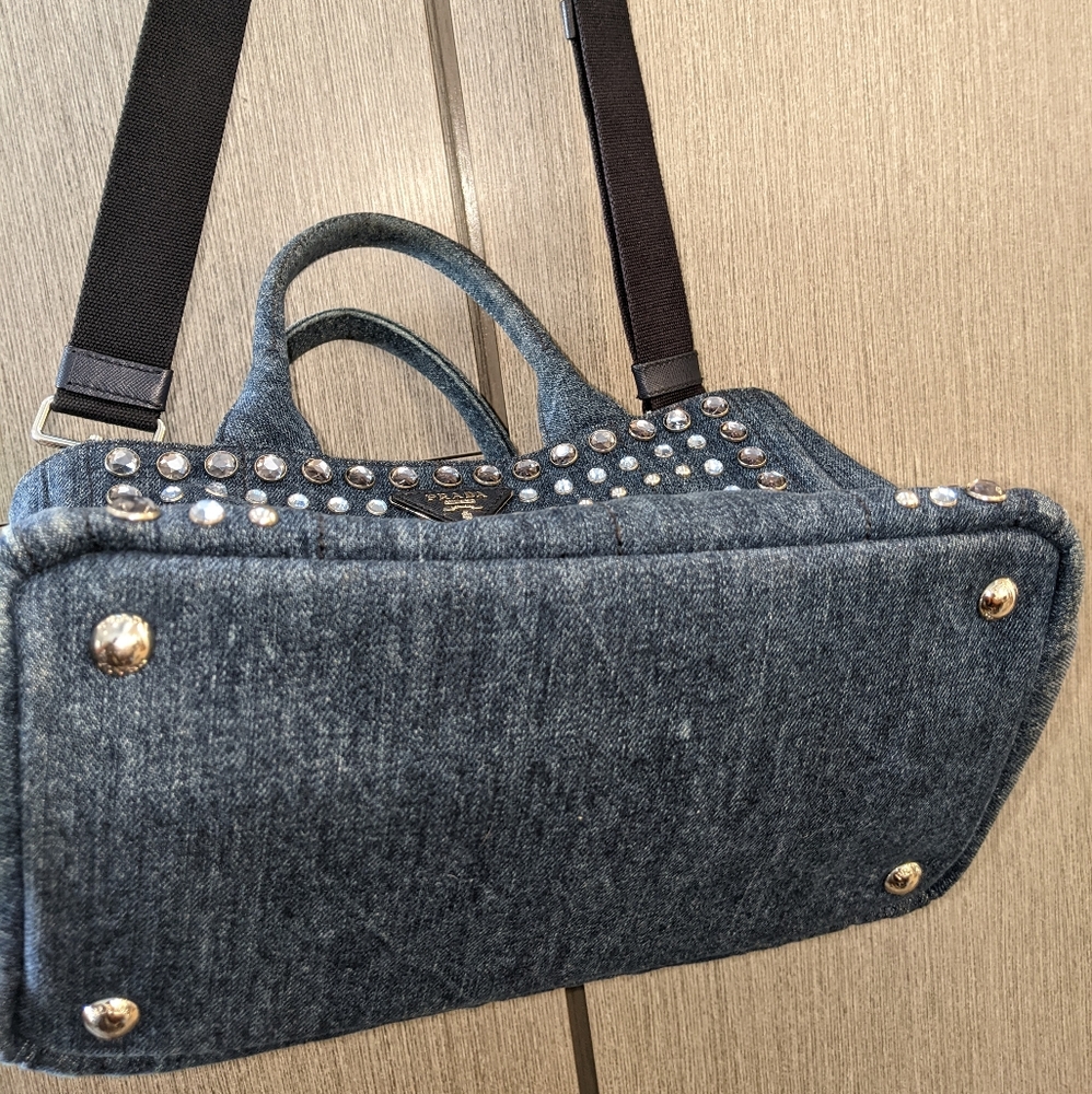 Prada: Denim Rhinestone Bijoux Canapa Crossbody Tote Bag ๐ - Picture 15 of 17